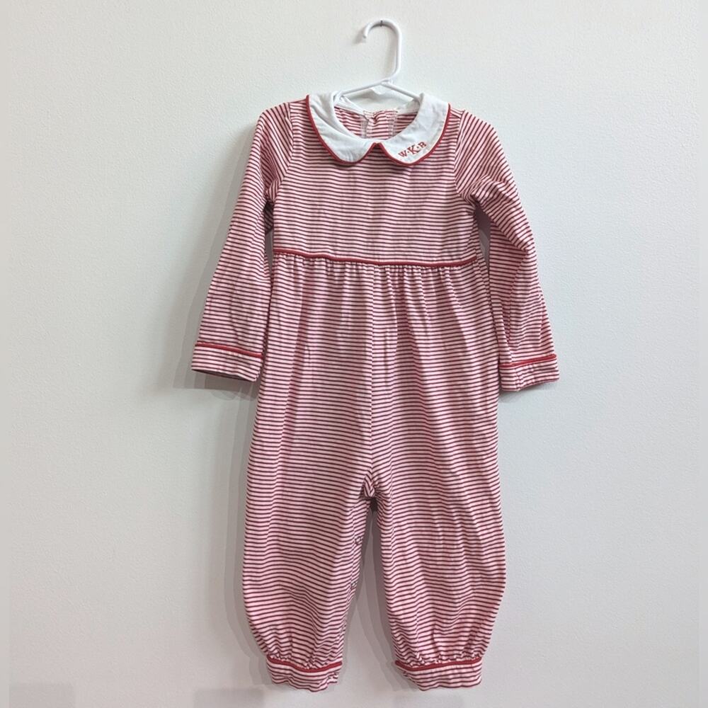 Serendipity Shrimp & Grits Romper 3T Red Stripe Peter Pan Collar
